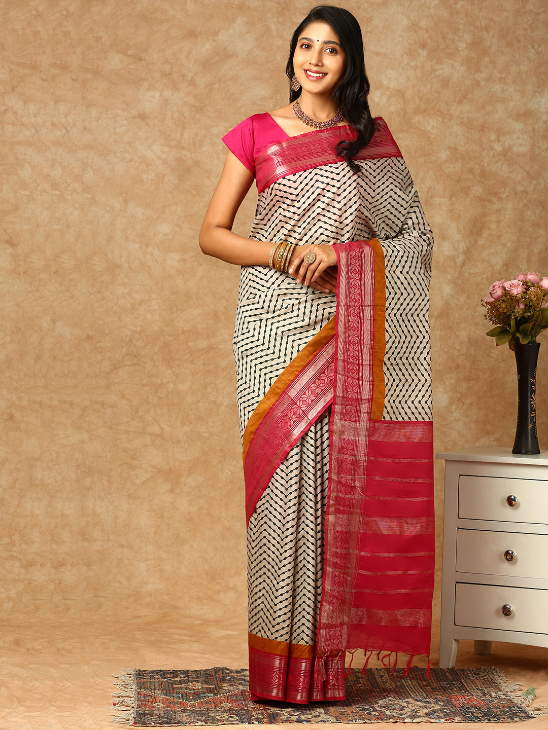 Women Semi Tussar Saree OffWhite ST200