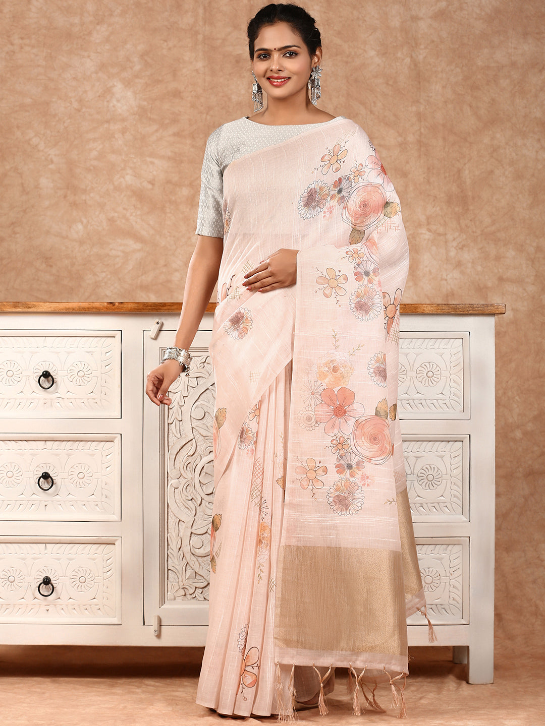 Women Semi Linen Saree Peach SL126