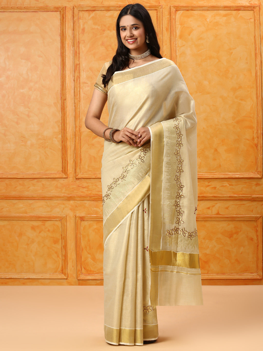 Kerala Cream Gold Jari Embroidery Saree KS112