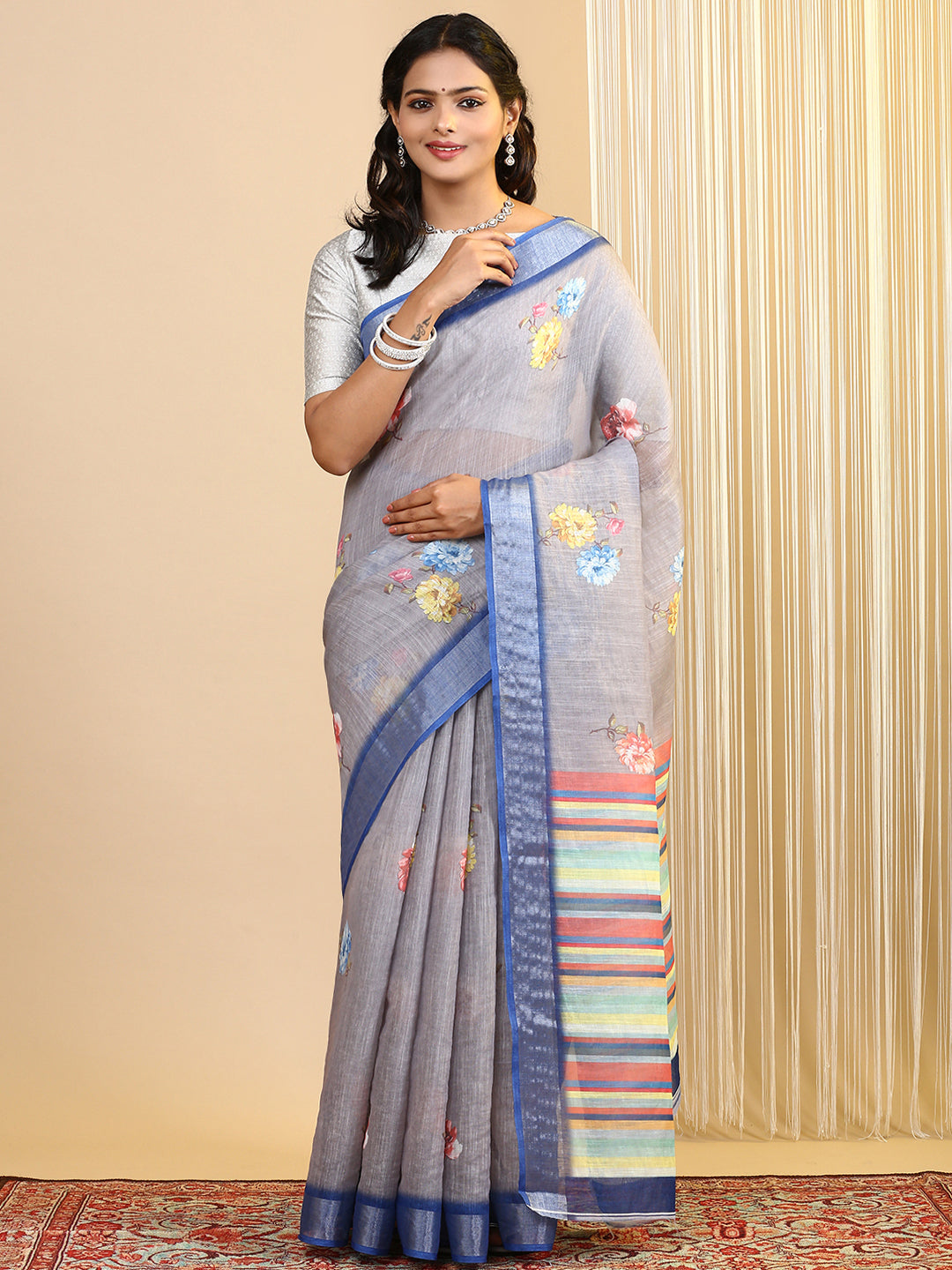 Women Semi Linen Saree Grey SL160