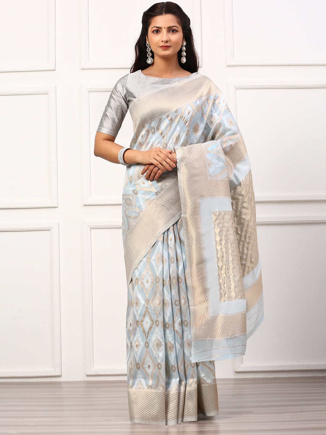 Women Semi Linen Weaving Saree Blue SL145