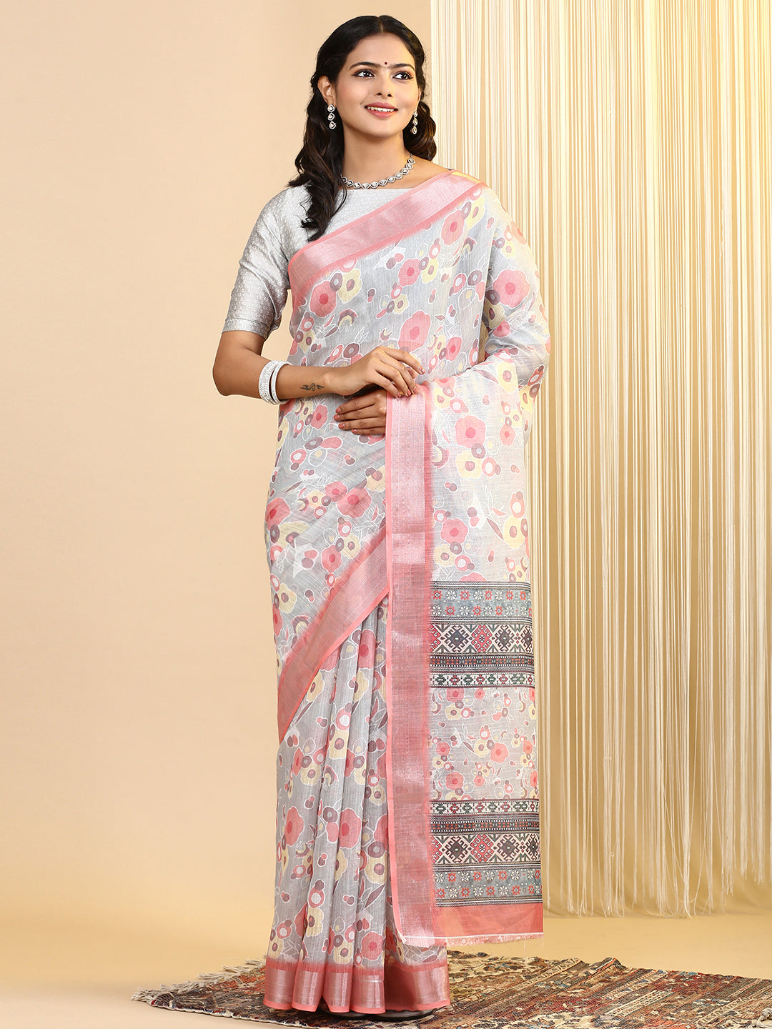 Women Semi Linen Saree Grey SL162