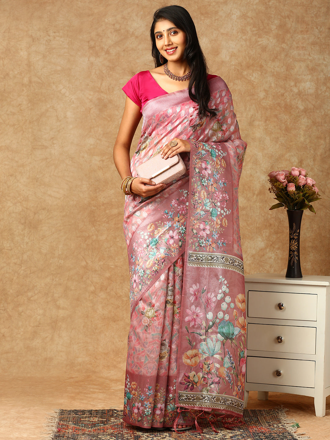 Women Tissue Printed Semi Silk Saree Pink SS315