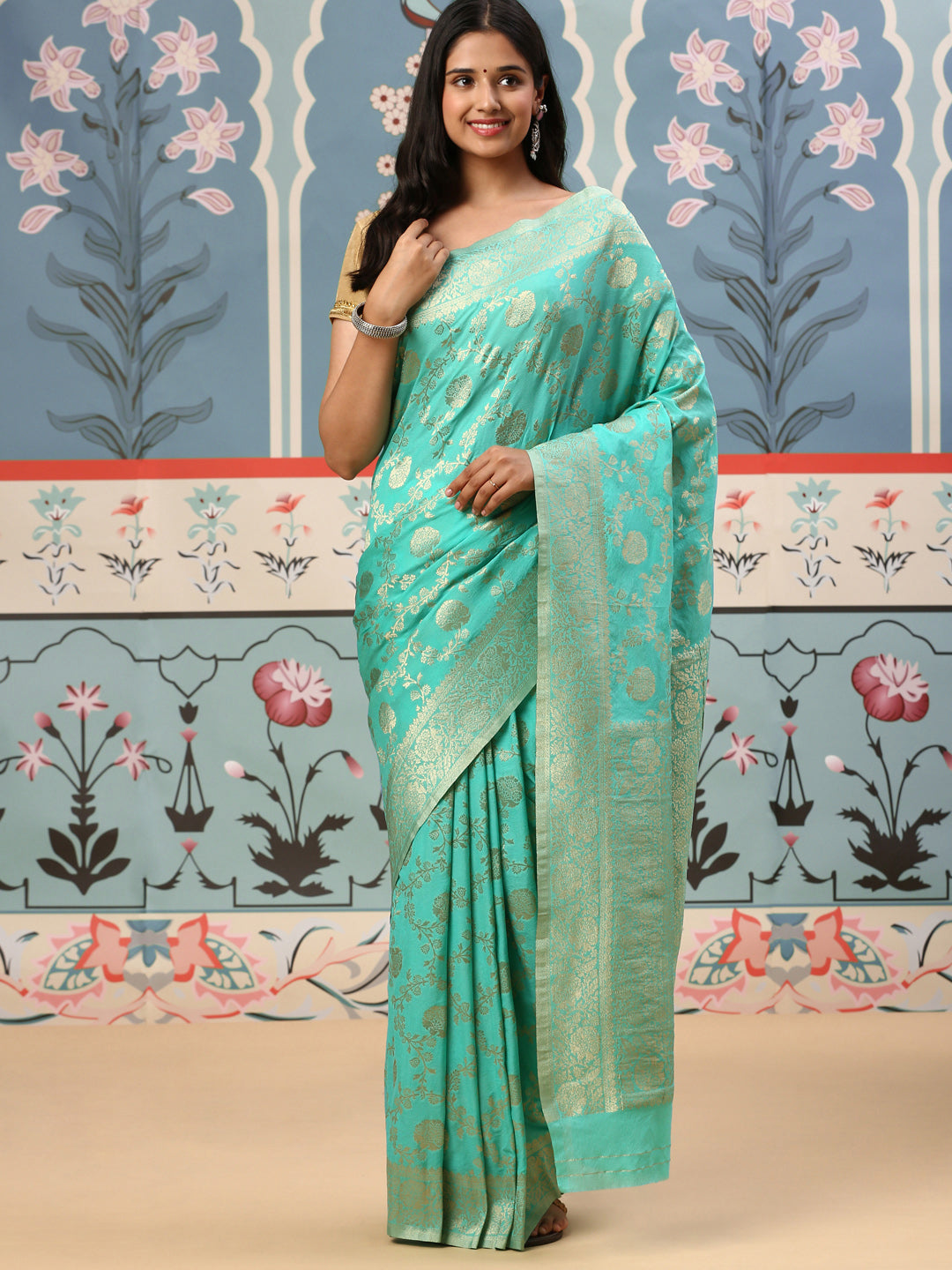 Womens Semi Silk Saree Green SS176