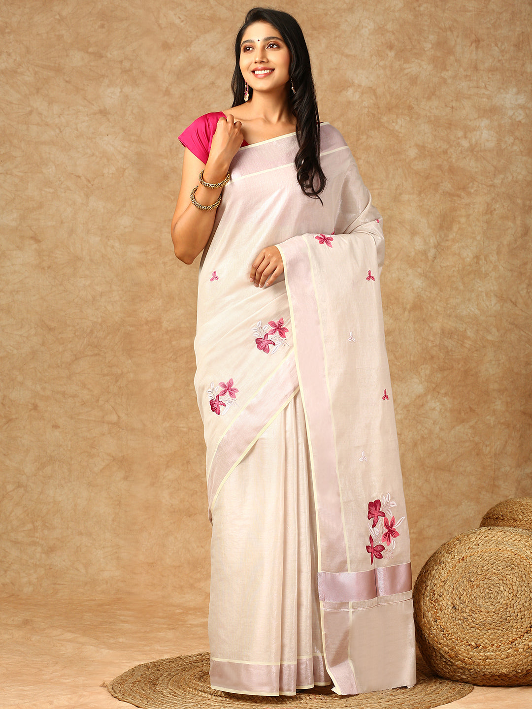 Women Kerala Tissue RoseGold Printed Saree KS165