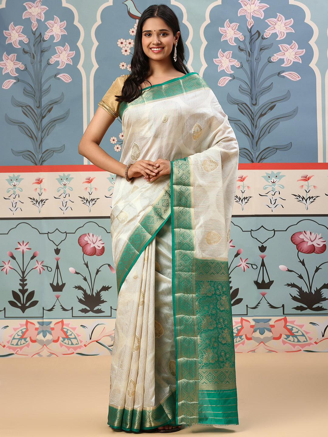 Women Semi Raw Silk Weaving Saree Cream SRS71