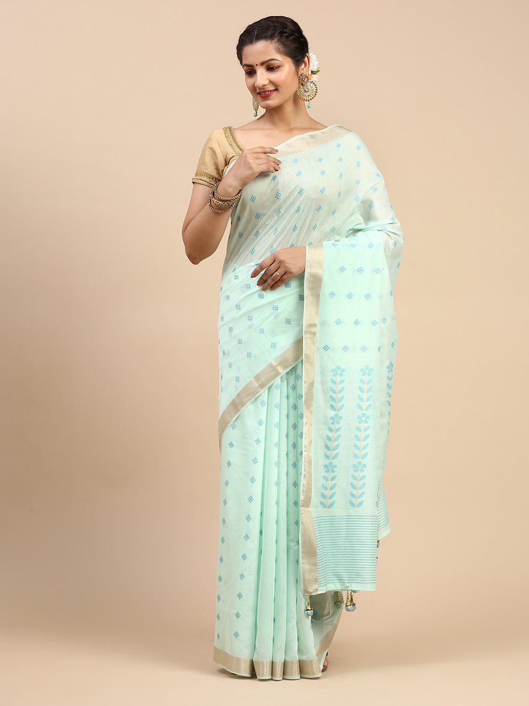 Women Semi Linen Weaving Saree Green SL153