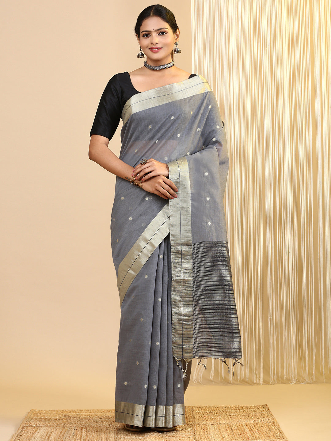 Women Semi Cotton Saree Grey SCS105