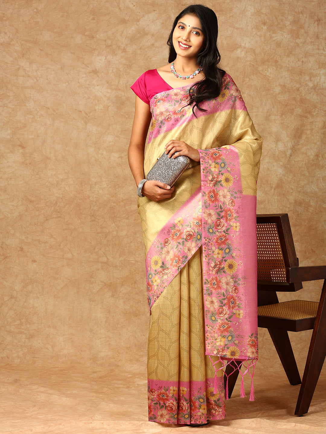 Women Tissue Printed Semi Silk Saree Gold SS313