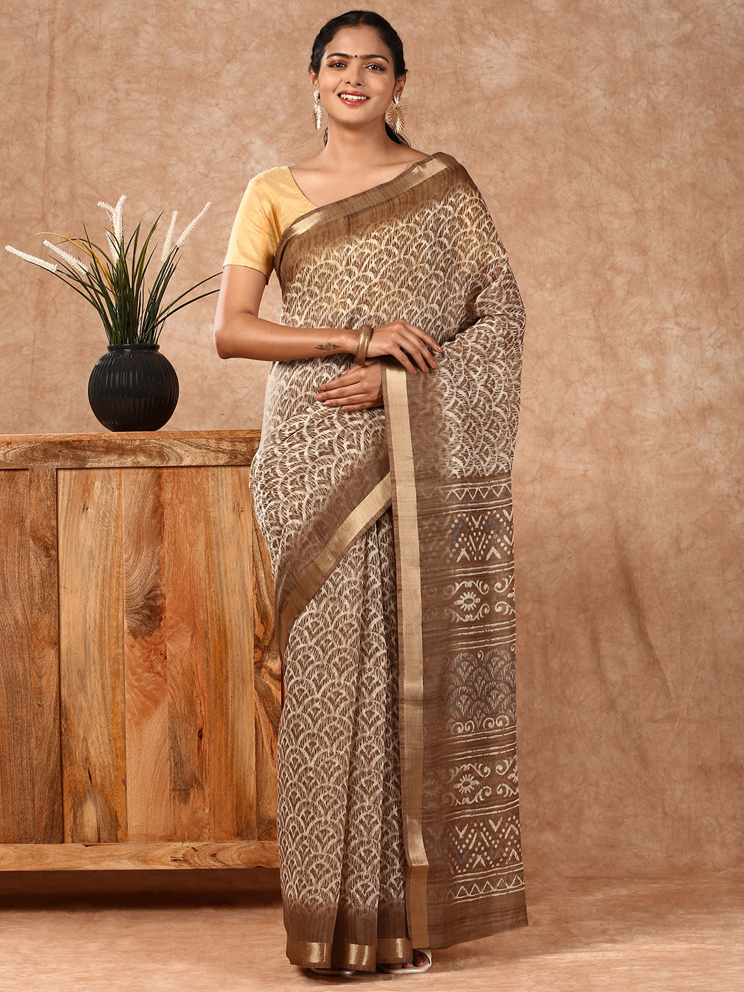 Women Semi Chanderi Saree Brown SC15