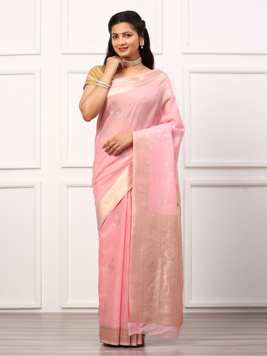 Women Semi Linen Weaving Saree Pink SL136