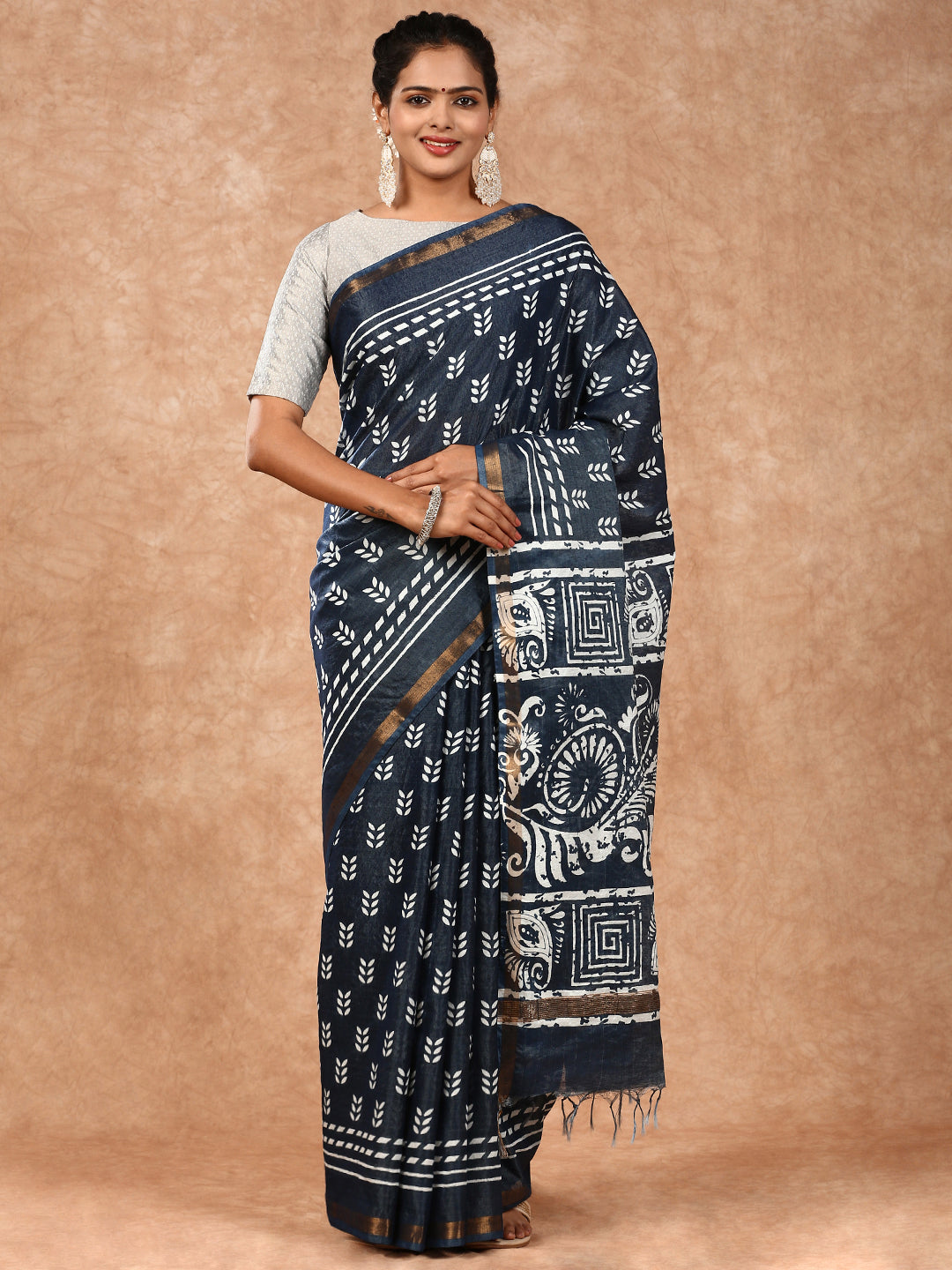 Women Semi Tussar Printed Saree Blue ST146