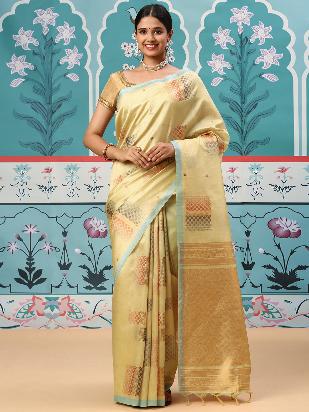 Womens Semi Tussar Weaving Saree Yellow ST131