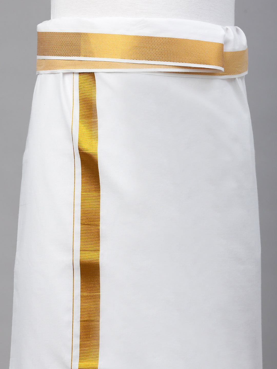 Men White with 1 1/4" Gold Jari Border Double Layer Dhoti Vetha