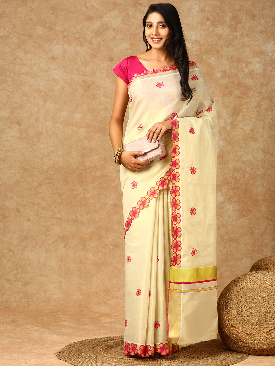 Women Kerala Cream Tissue Saree KS142