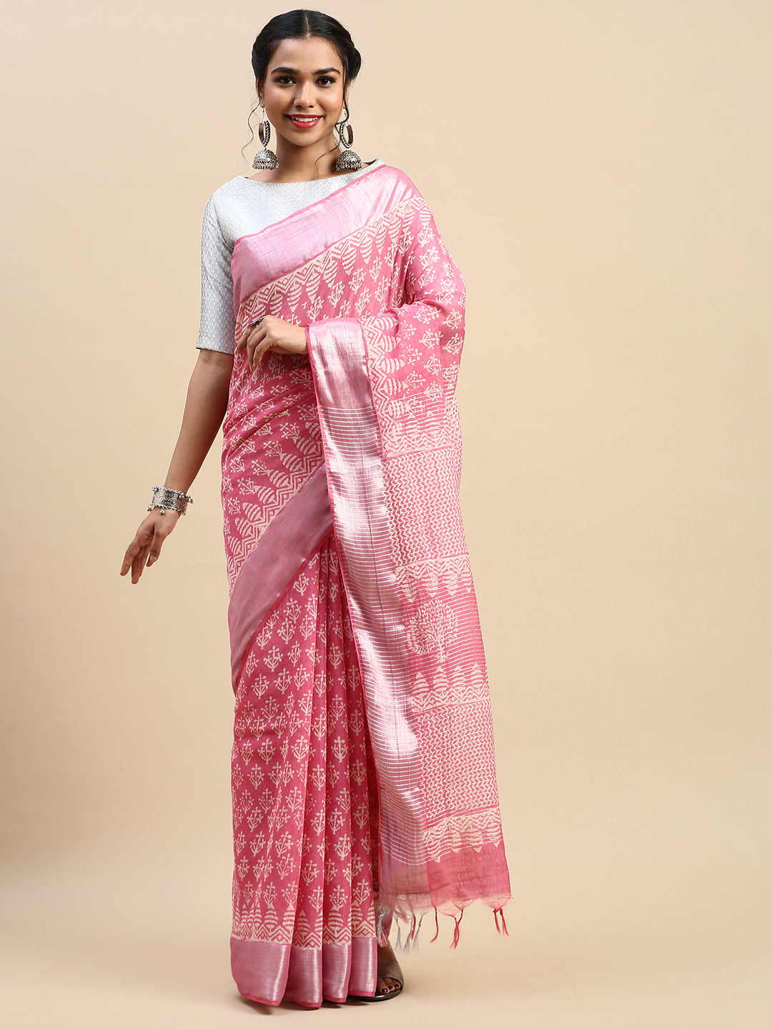 Womens Elegant Pink Flower Printed with Silver Jari Pure Cotton Saree PCS65