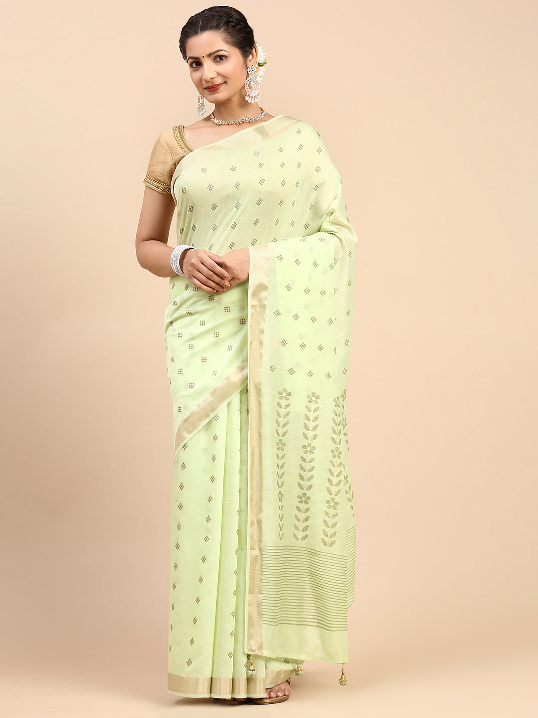 Women Semi Linen Weaving Saree Green SL154