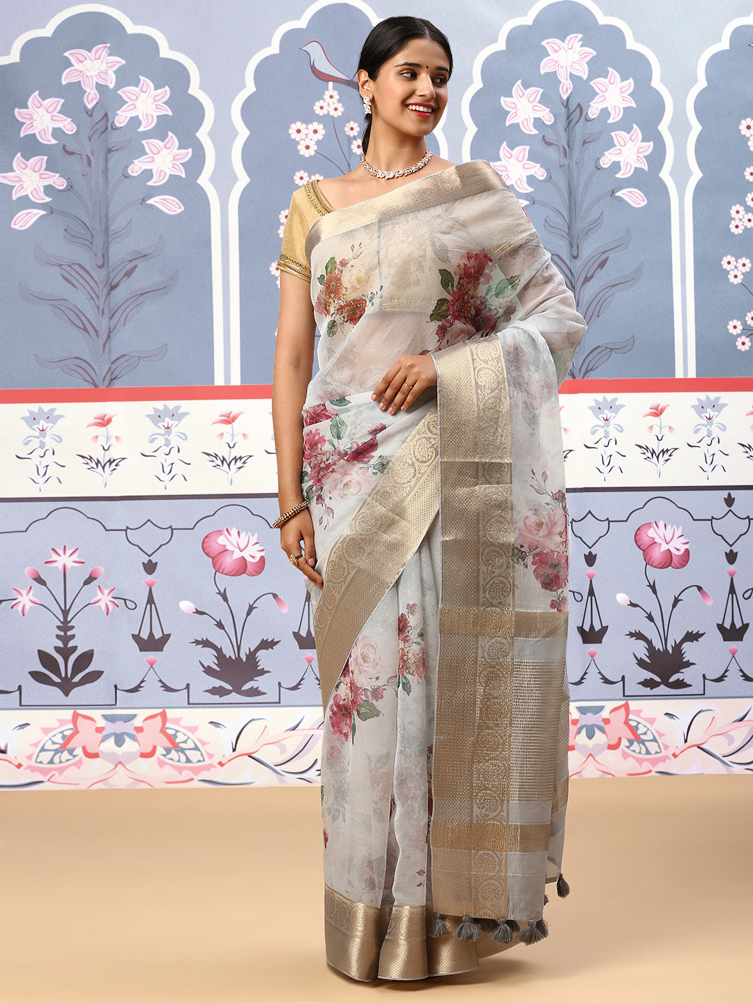 Women Semi Organza Printed Saree Grey SOS22