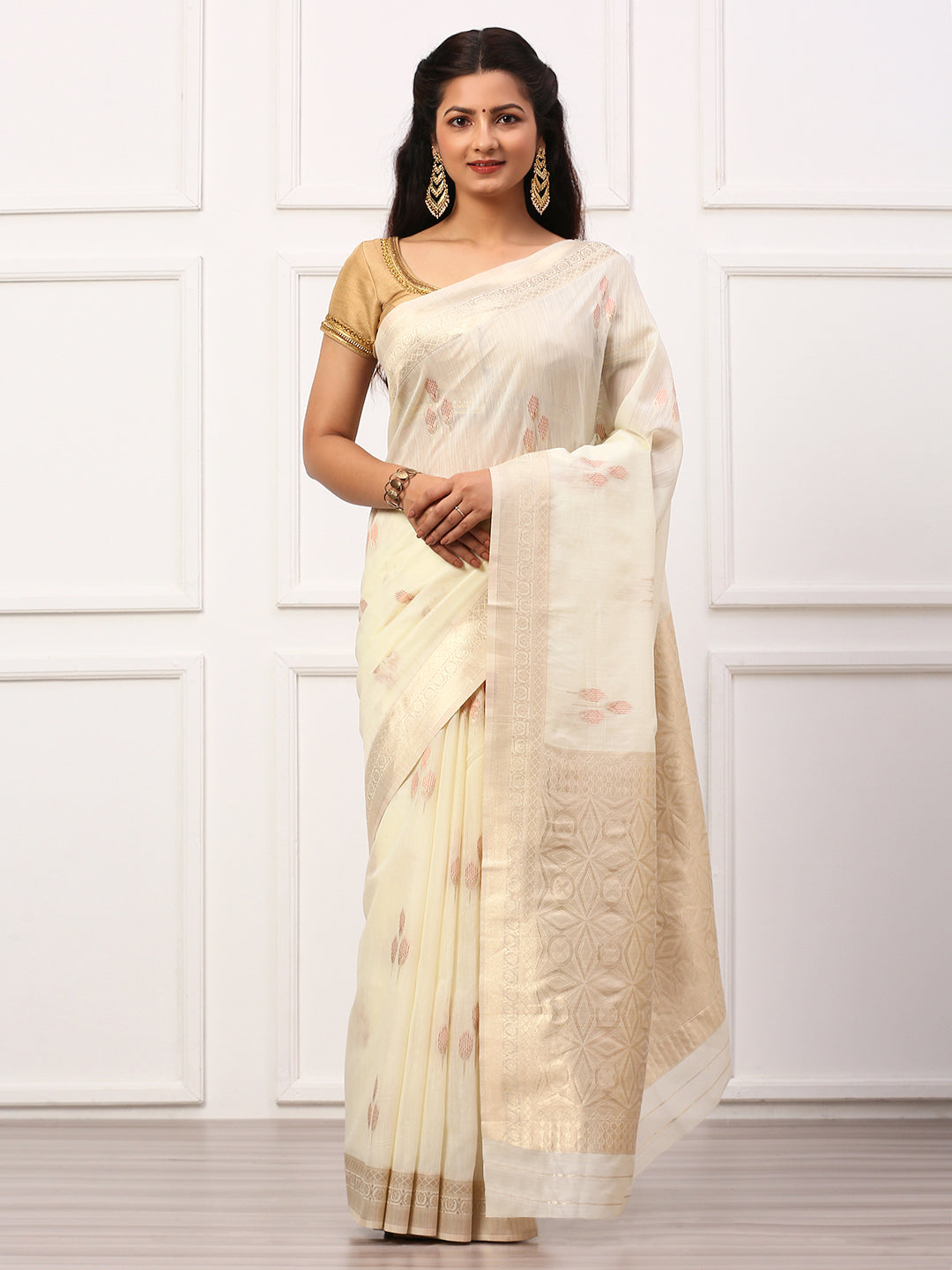 Women Semi Linen Weaving Saree White SL141