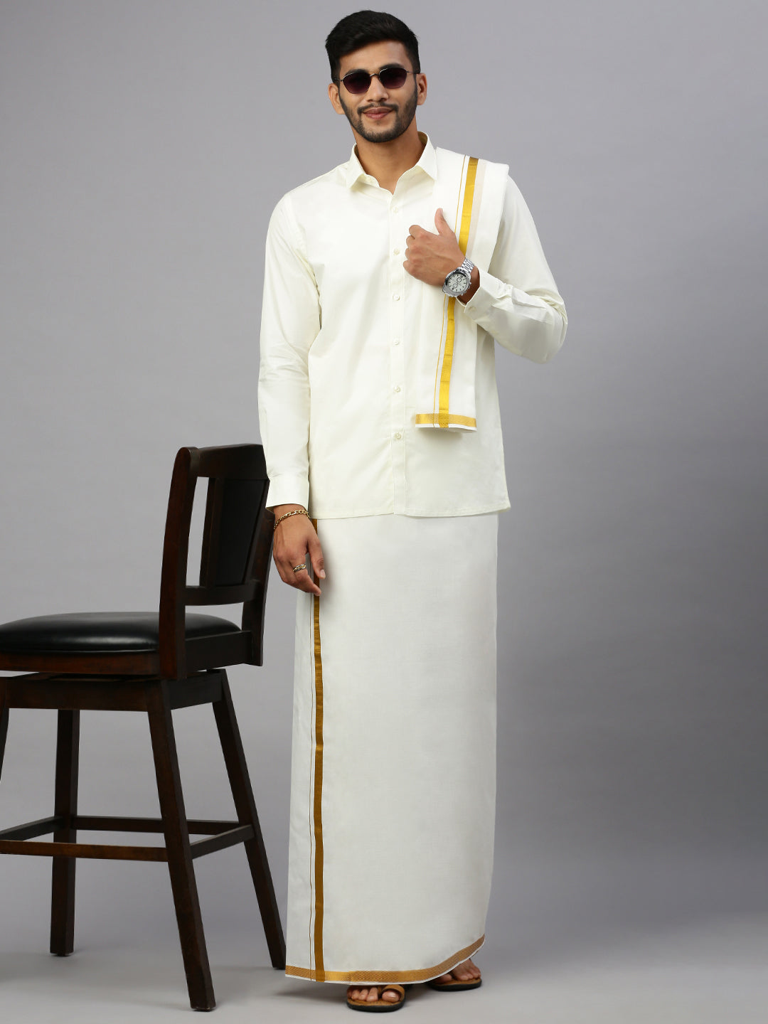 Men Cream with 3/4" inch Gold jari Border Readymade Dhoti Shirt & Towel Set Dhanvanthri