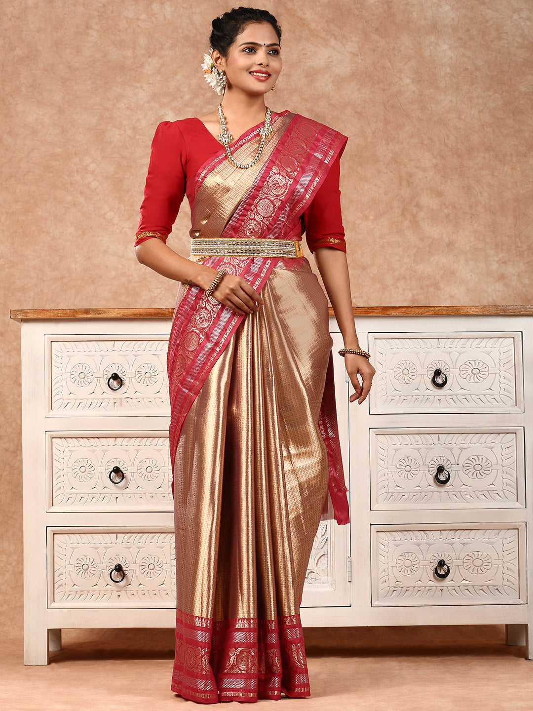 Women Semi Silk Tissue Weaving Saree Gold SS218