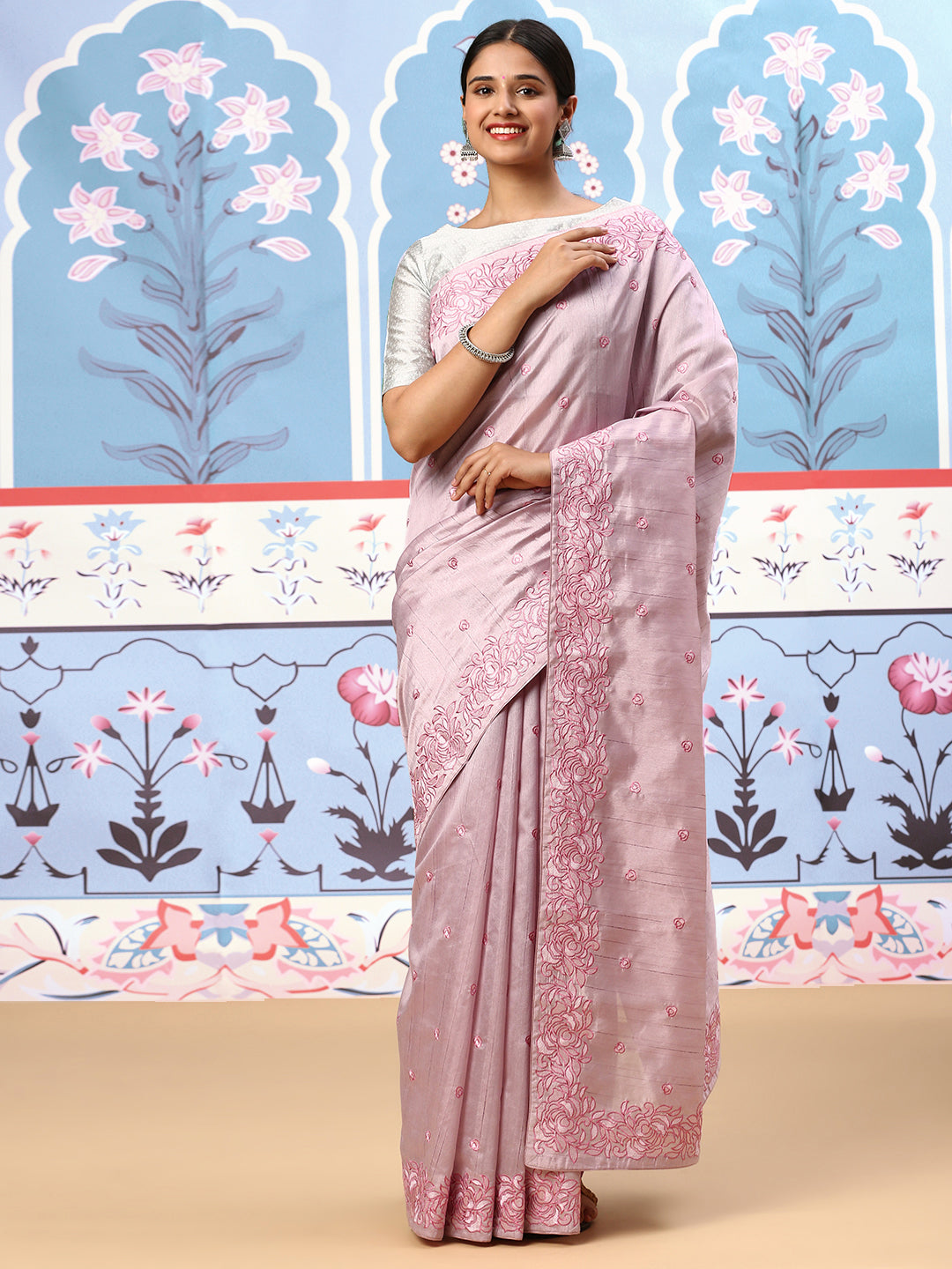 Women Semi Tussar Embroidery Saree Pink ST142