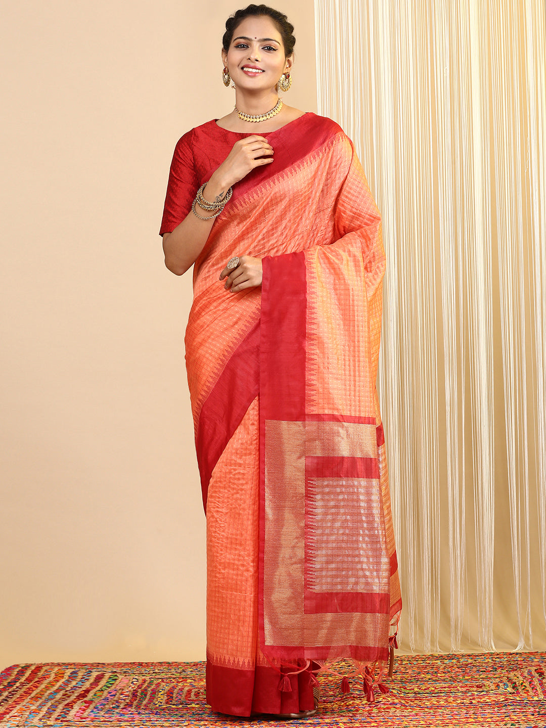 Women Semi Tussar Weaving Saree Orange ST180