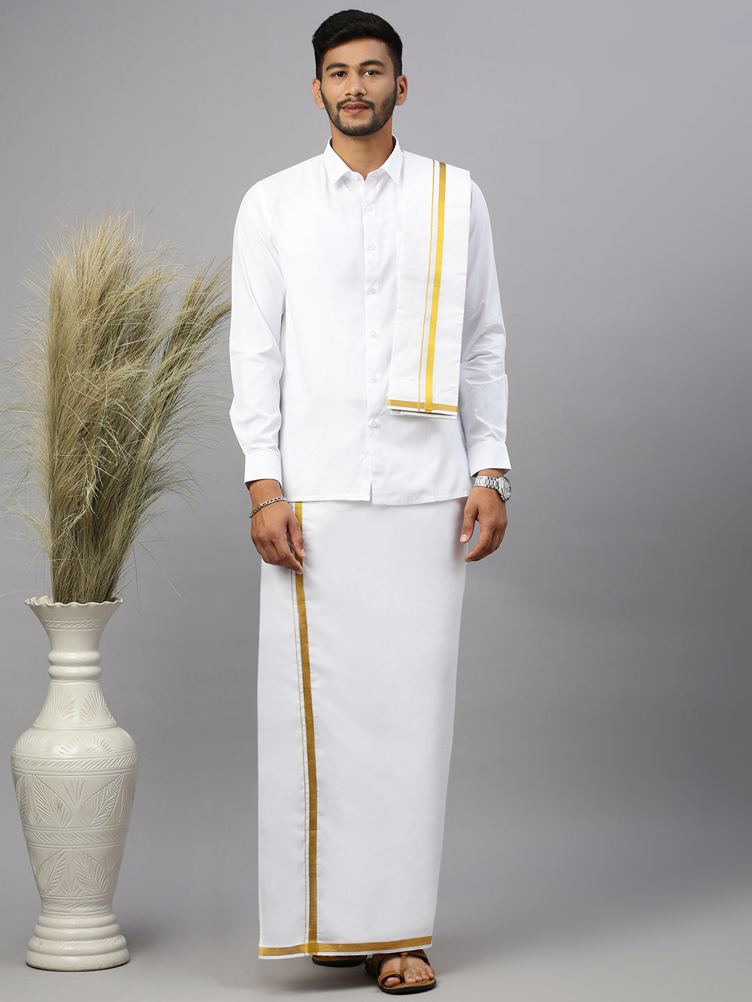 Men White with 1/2" inch Gold Jari Border Dhoti Shirt & Towel Set Arathi