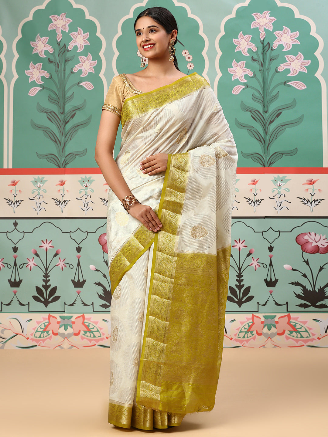 Women Semi Raw Silk Weaving Saree Cream SRS74