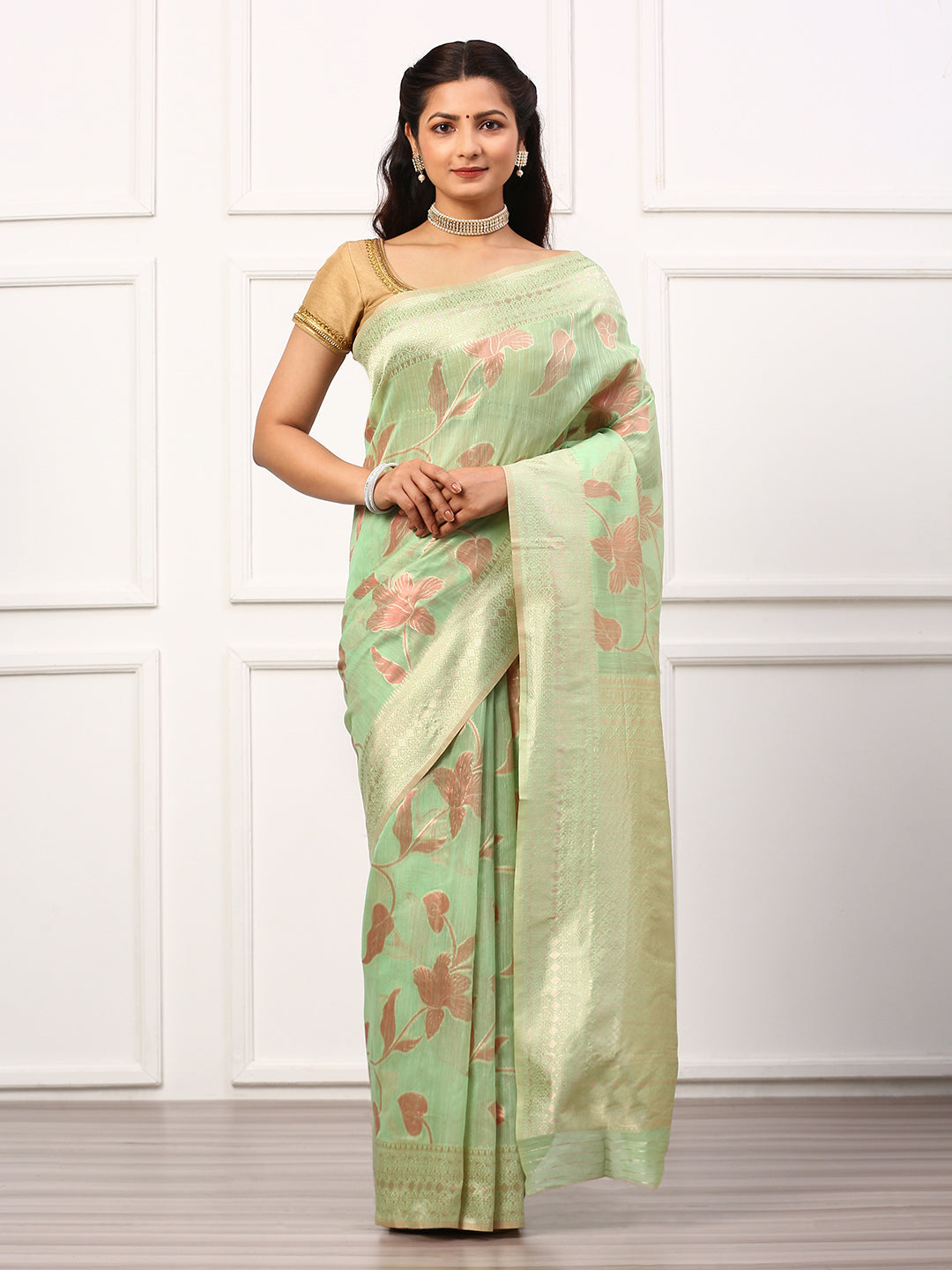 Women Semi Linen Weaving Saree Green SL130