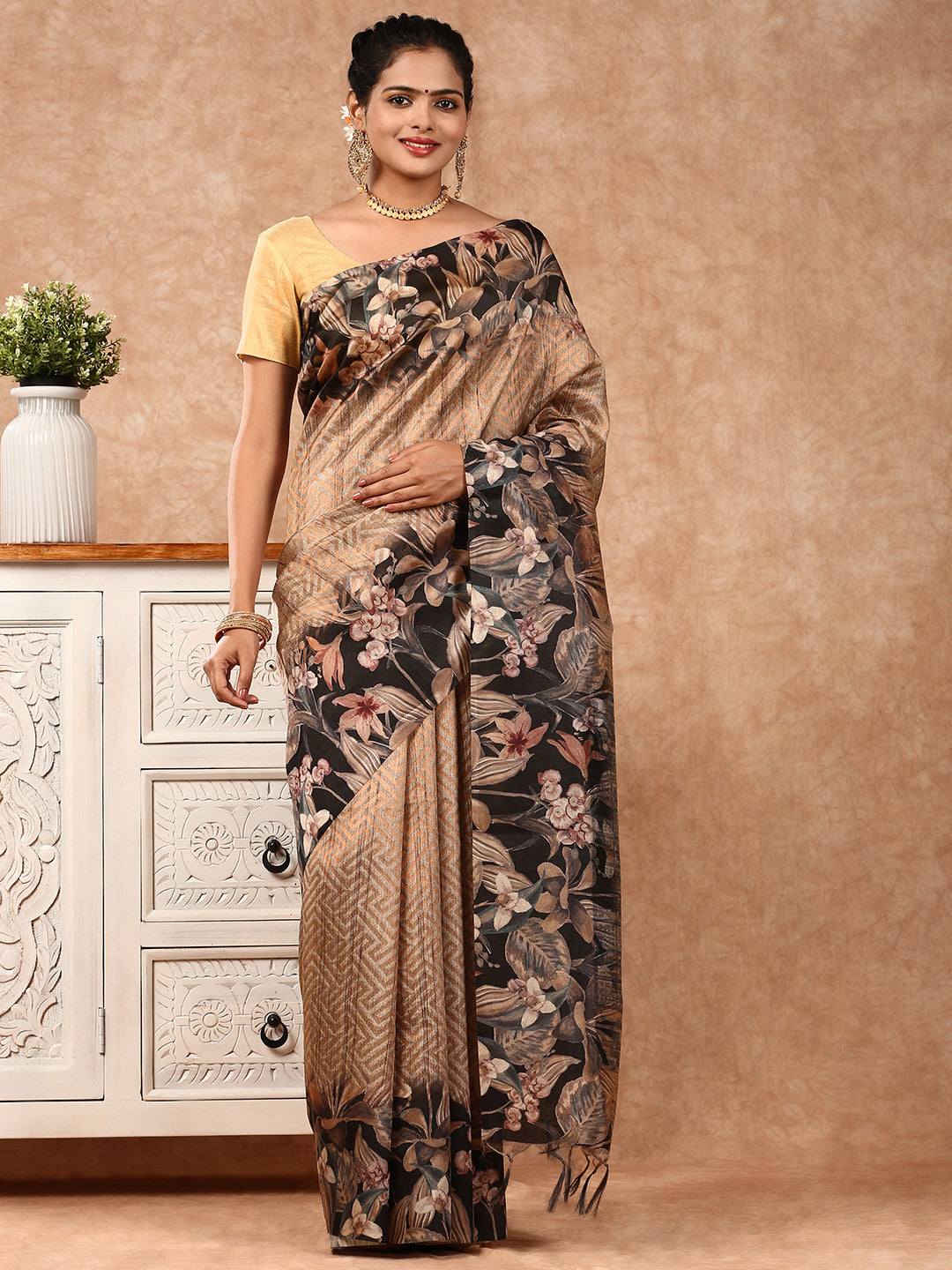 Women Semi Tussar Weaving Saree Brown ST148