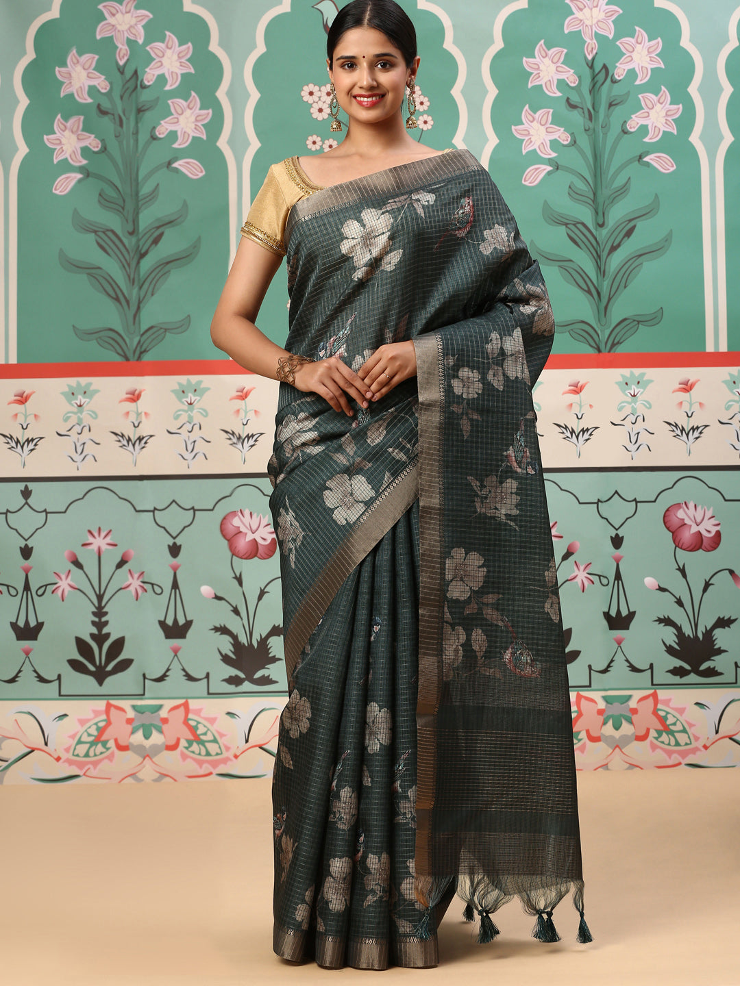 Womens Semi Tussar Saree Green ST135