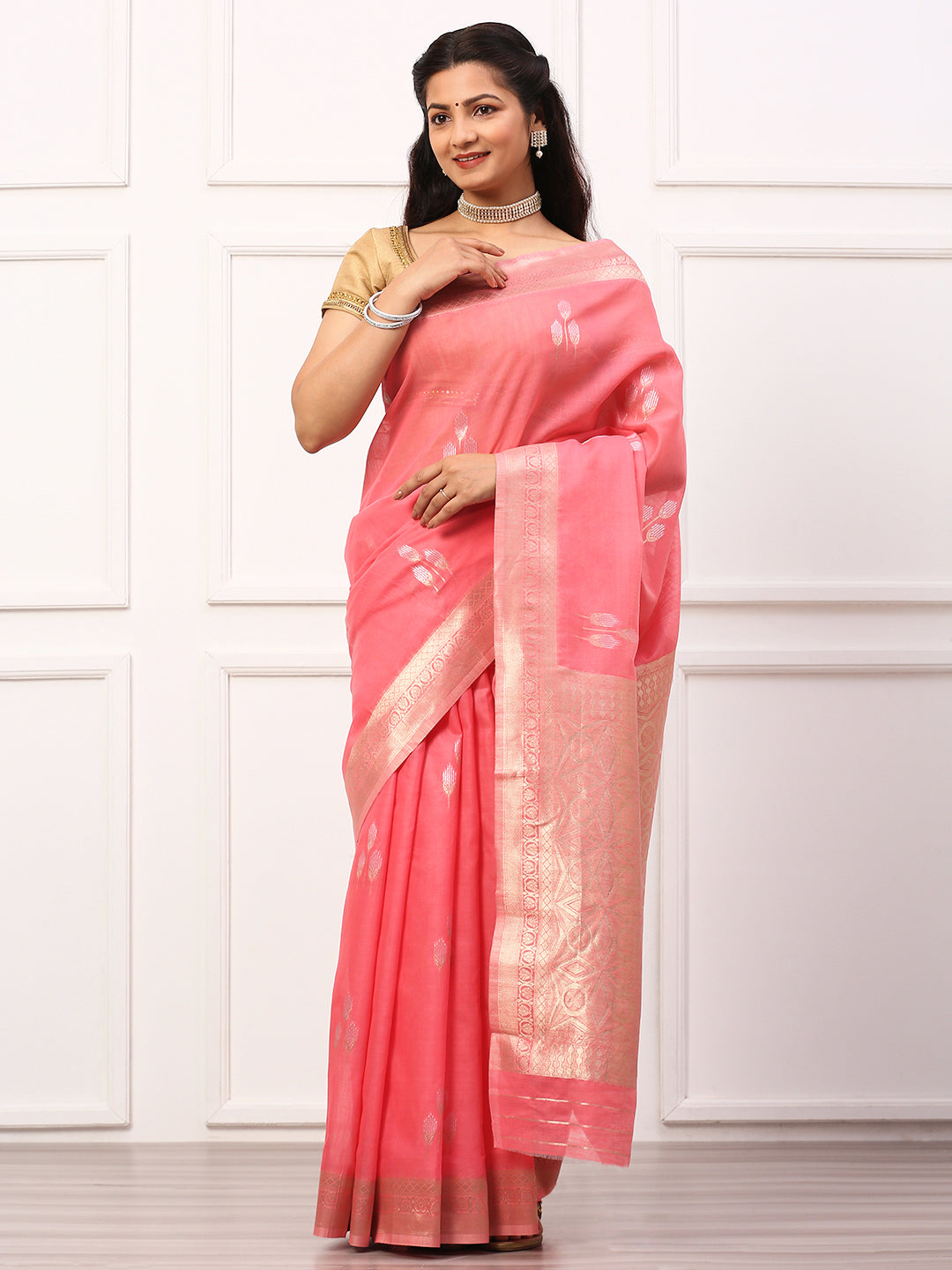 Women Semi Linen Weaving Saree Pink SL139