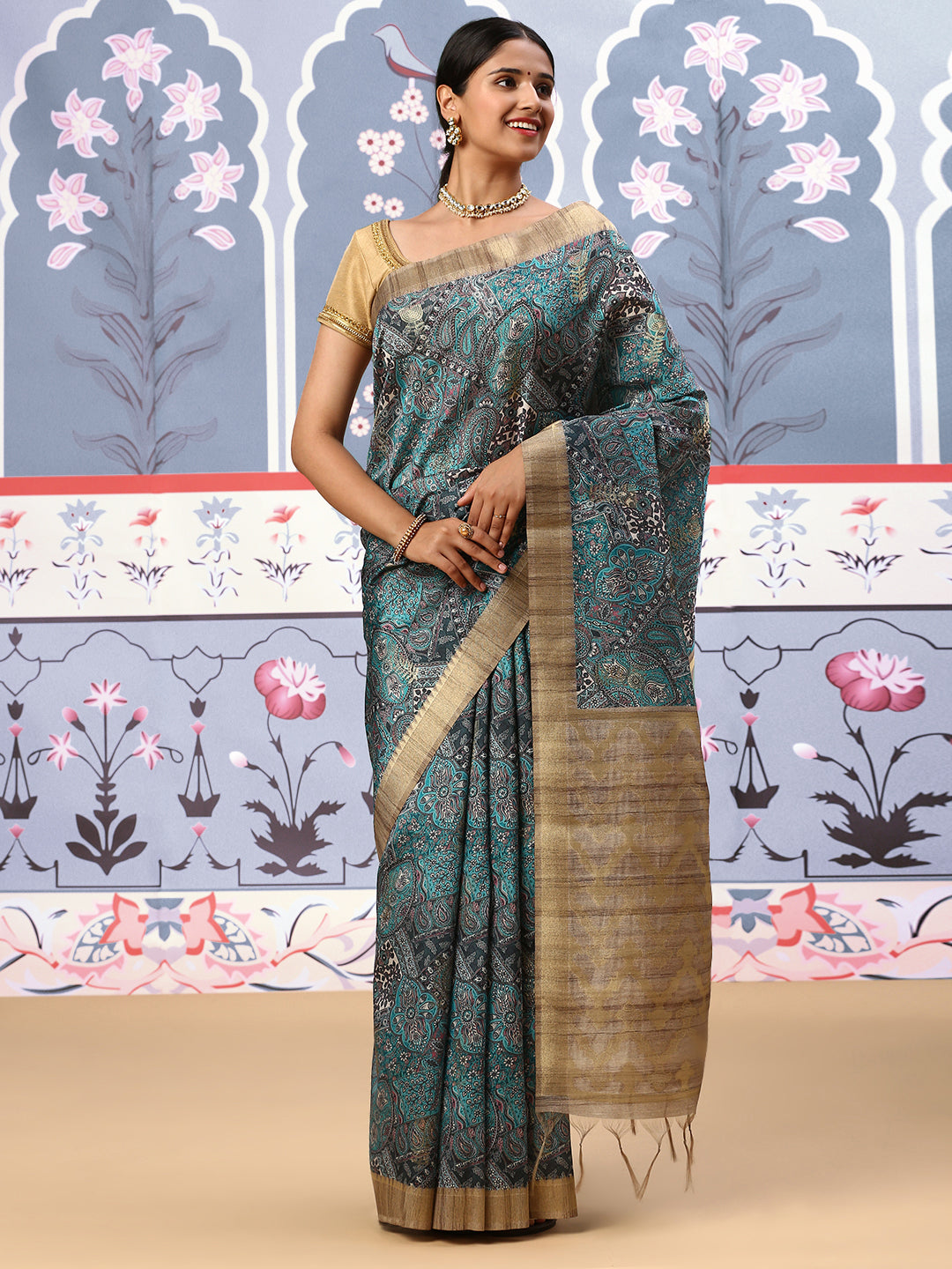 Womens Semi Tussar Weaving Saree Blue ST133