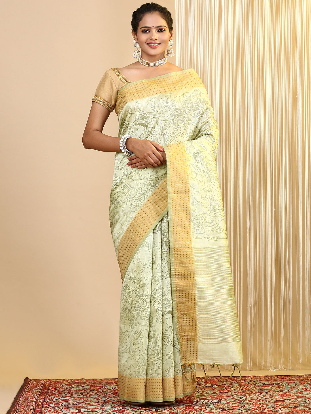 Womens Semi Tussar Printed Saree Green ST178