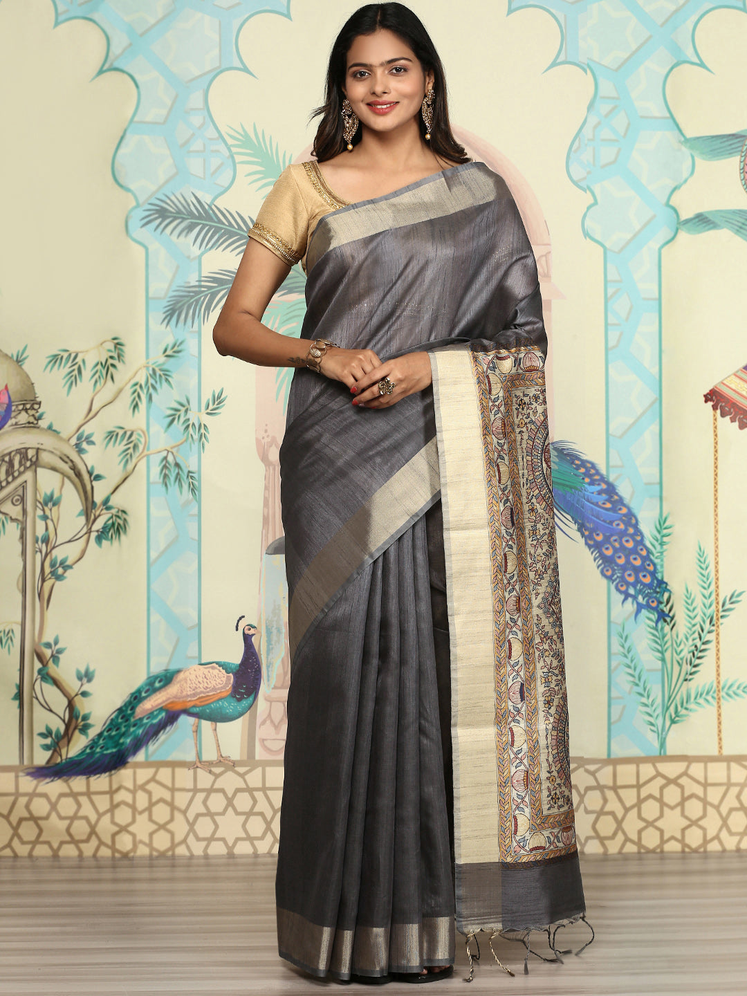 Women Semi Raw Silk Saree Grey SRS62