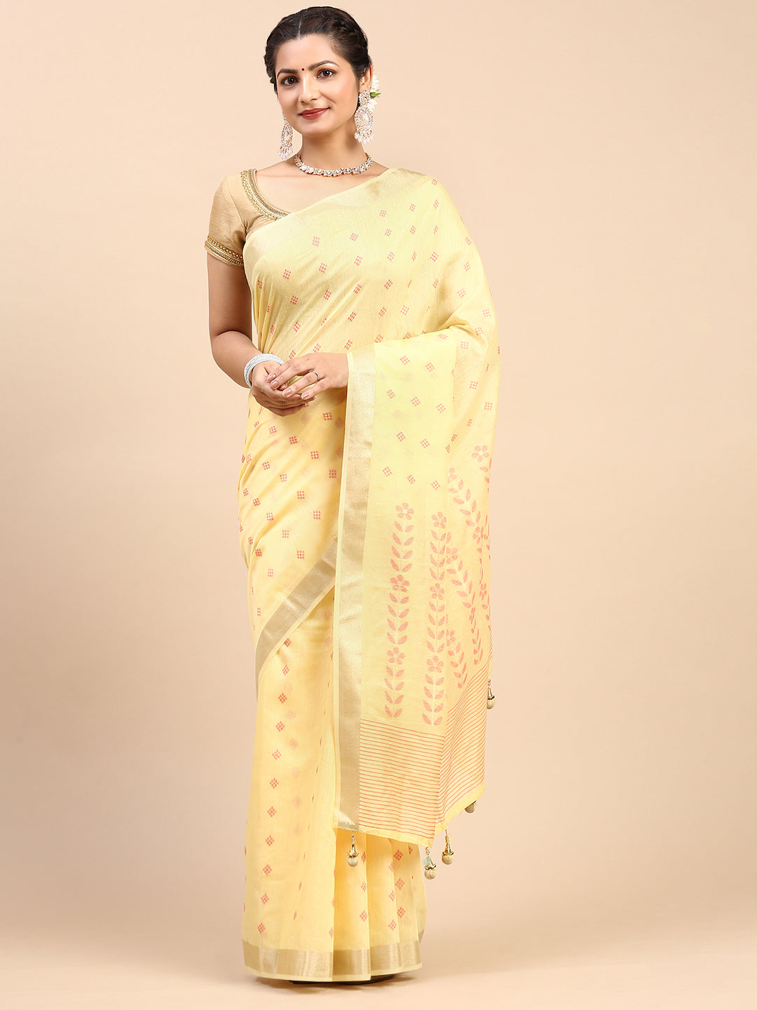 Women Semi Linen Weaving Saree Yellow SL155