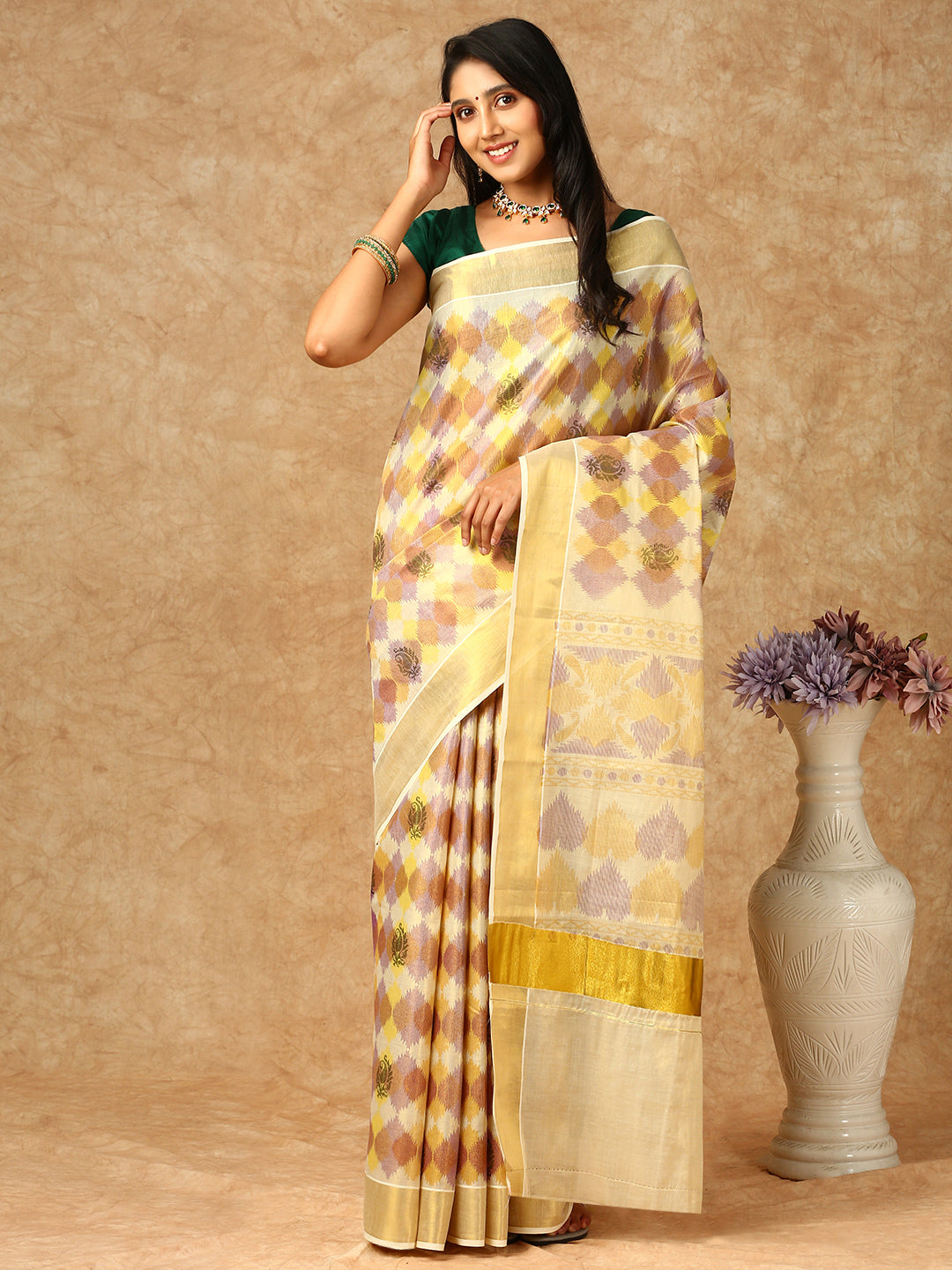 Women Kerala Cream Printed Tissue Saree KS148