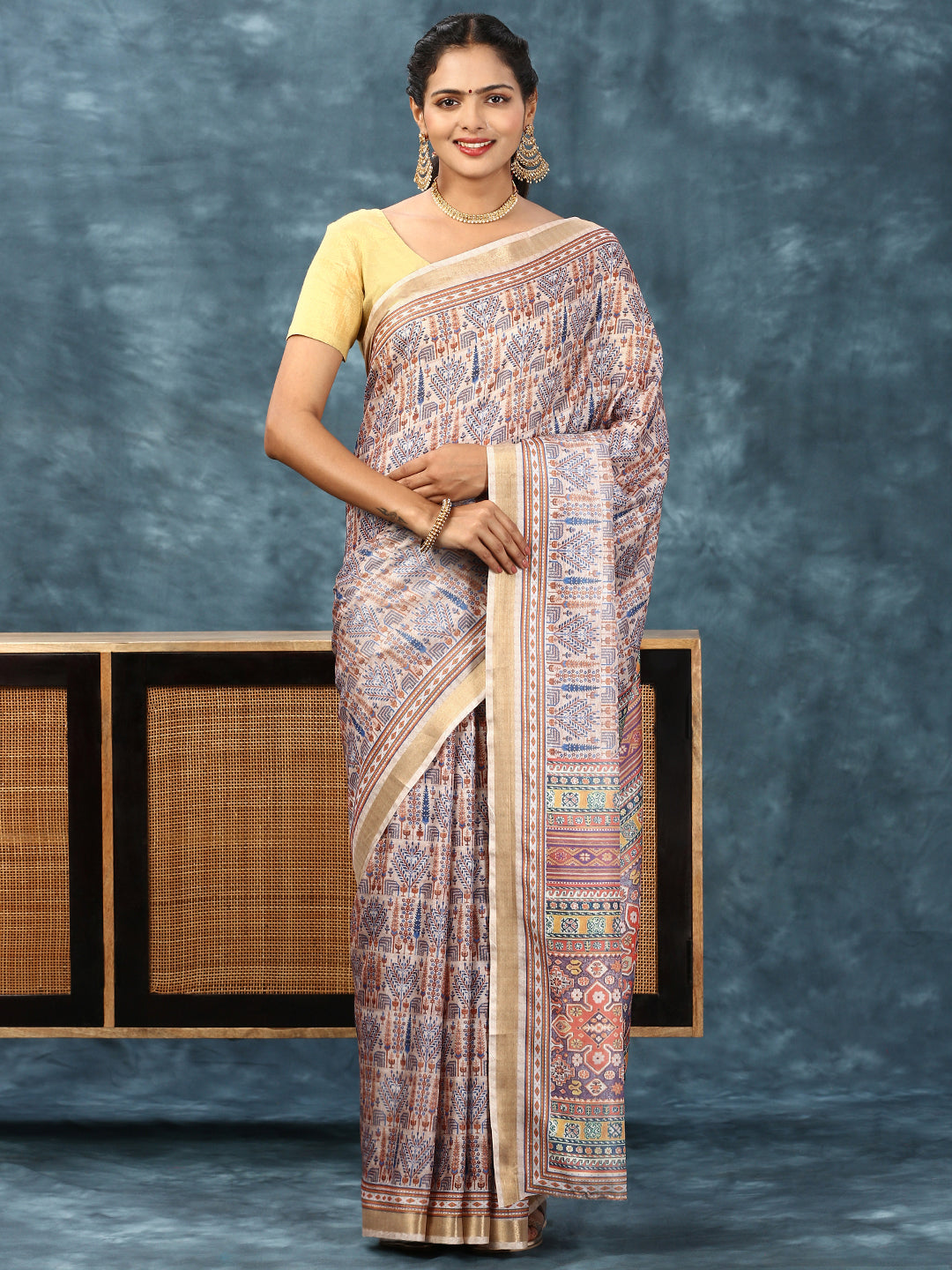 Women Semi Silk Print Saree Peach SS183