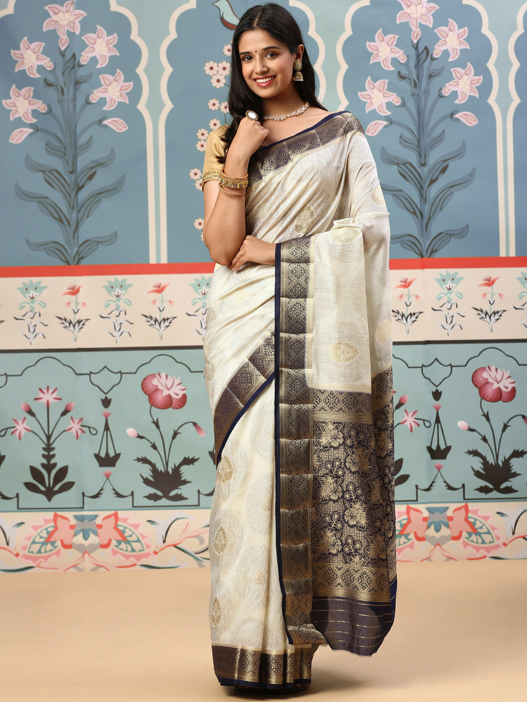 Women Semi Raw Silk Weaving Saree Cream SRS73