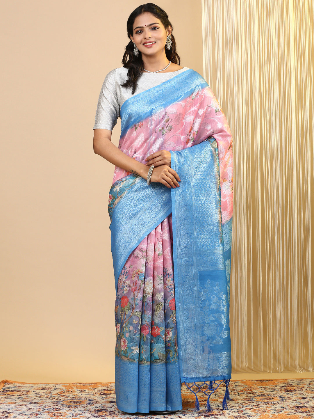 Womens Semi Cotton Printed Saree Blue SCS107