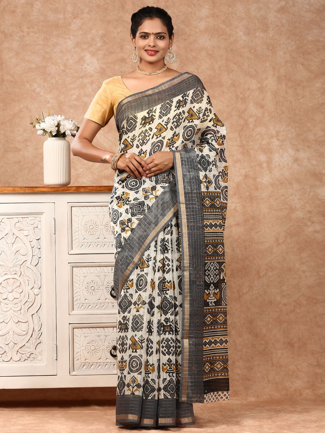 Womens Semi Chanderi Saree Cream SC19