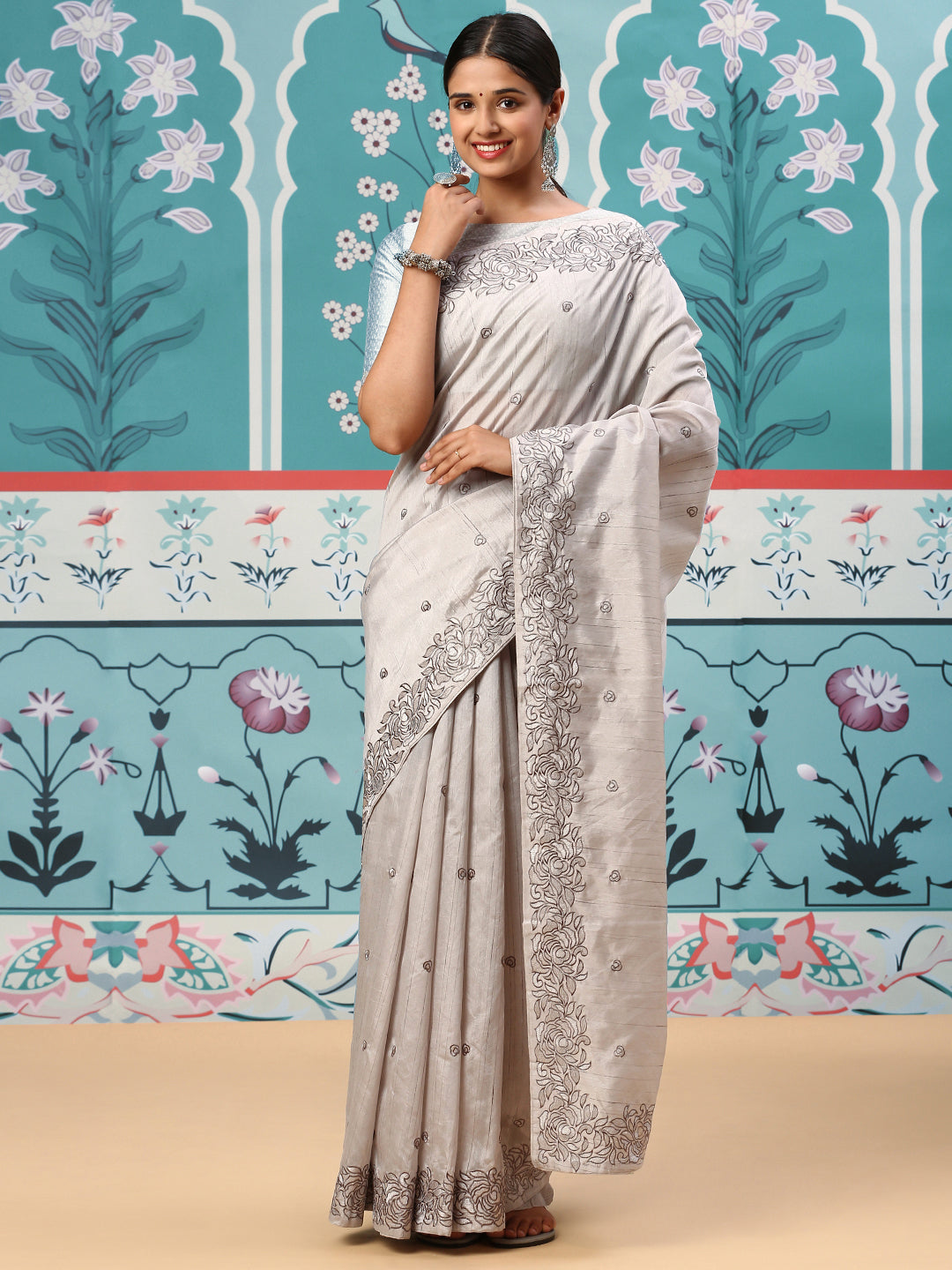 Women Semi Tussar Embroidery Saree Grey ST141