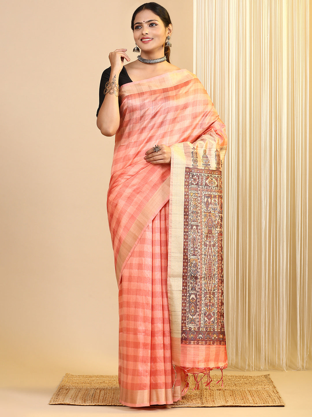 Women Semi Tussar Printed Saree Orange ST185