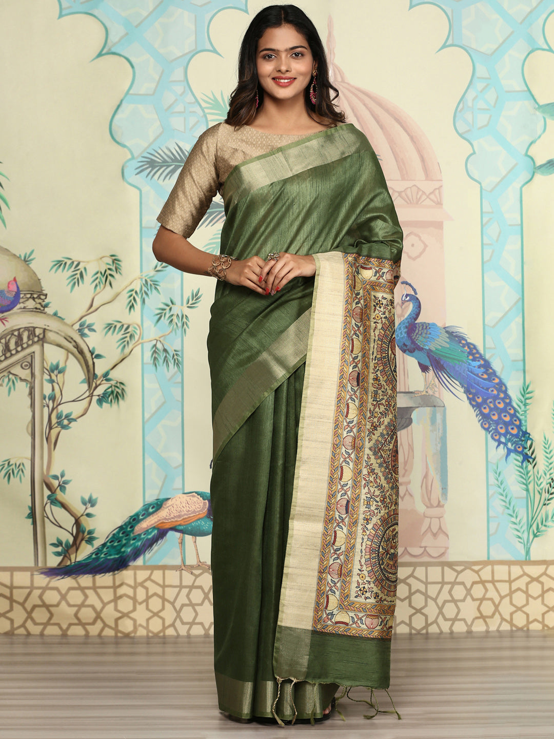 Women Semi Raw Silk Saree Green SRS65