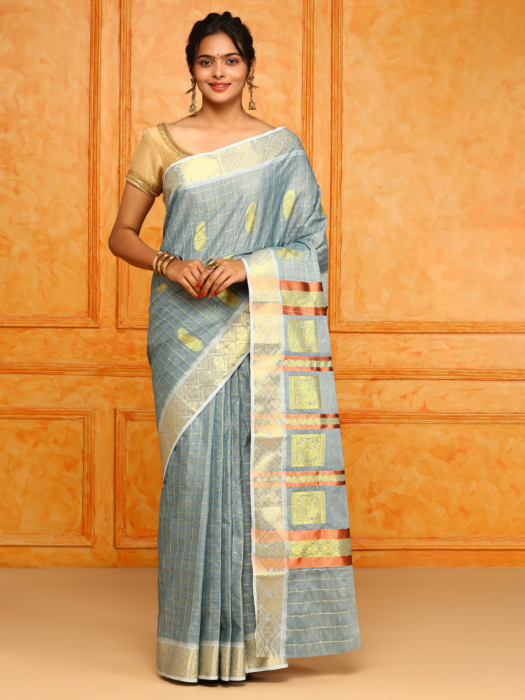 Kerala Blue Copper Jari Weaving Saree KS116