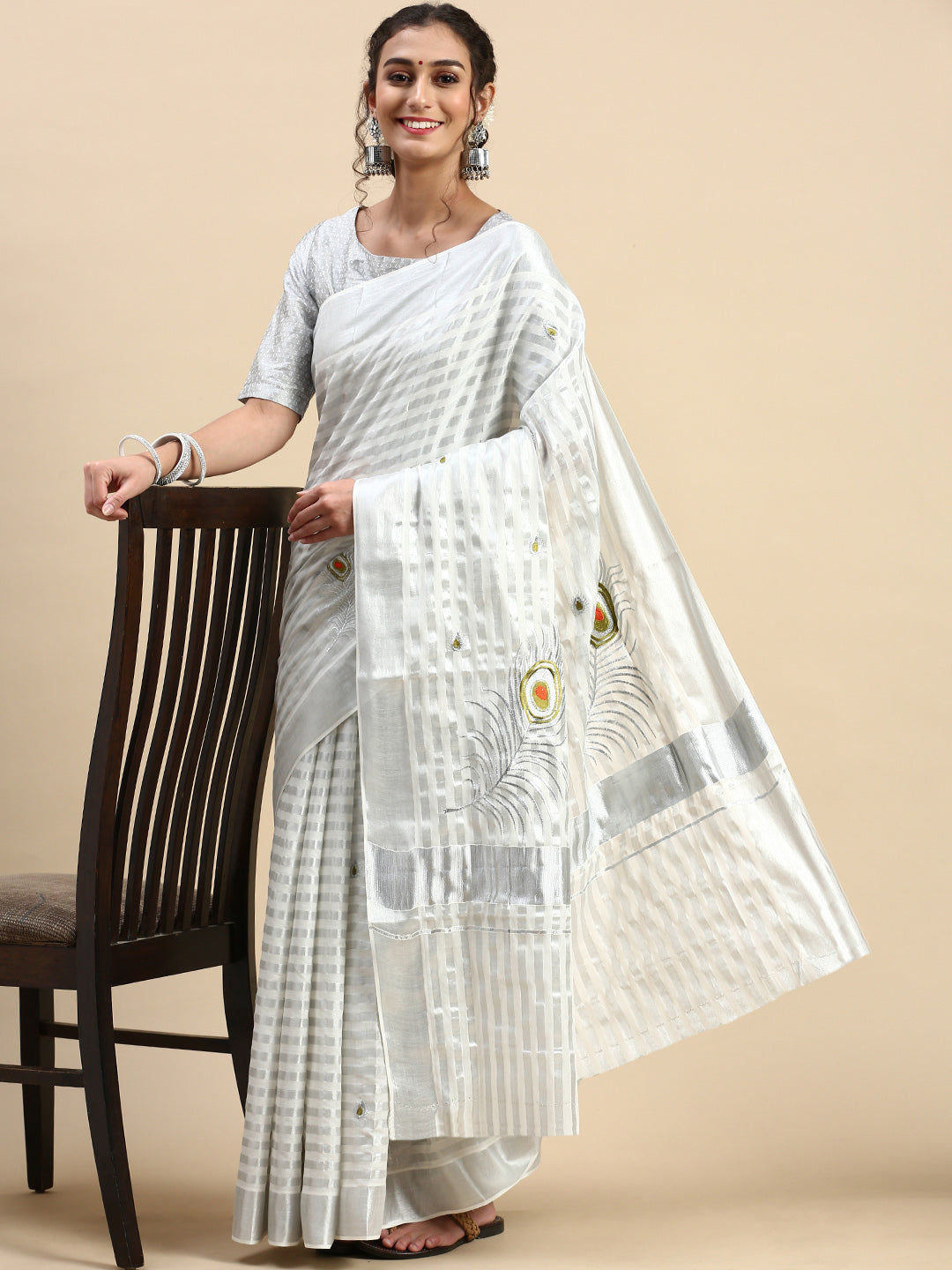 Tissue Silver Jari Shirt Dhoti Set with Saree Couple Combo OCC04-Saree full view