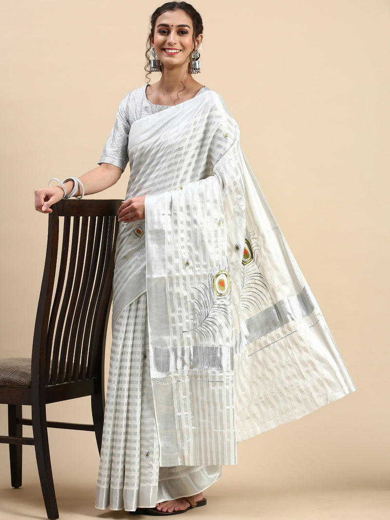 Tissue Silver Jari Shirt Dhoti Set with Saree Couple Combo OCC04