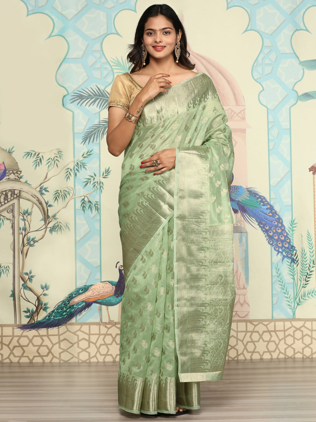 Women Semi Orgenza Weaving Saree Green SOS18