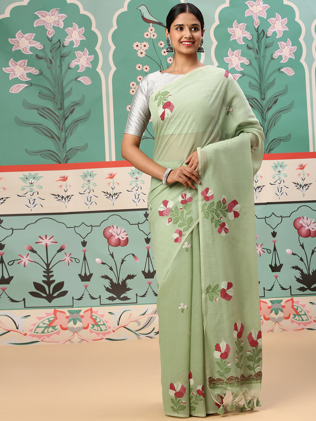 Womens Semi Cotton Saree Green SCS90